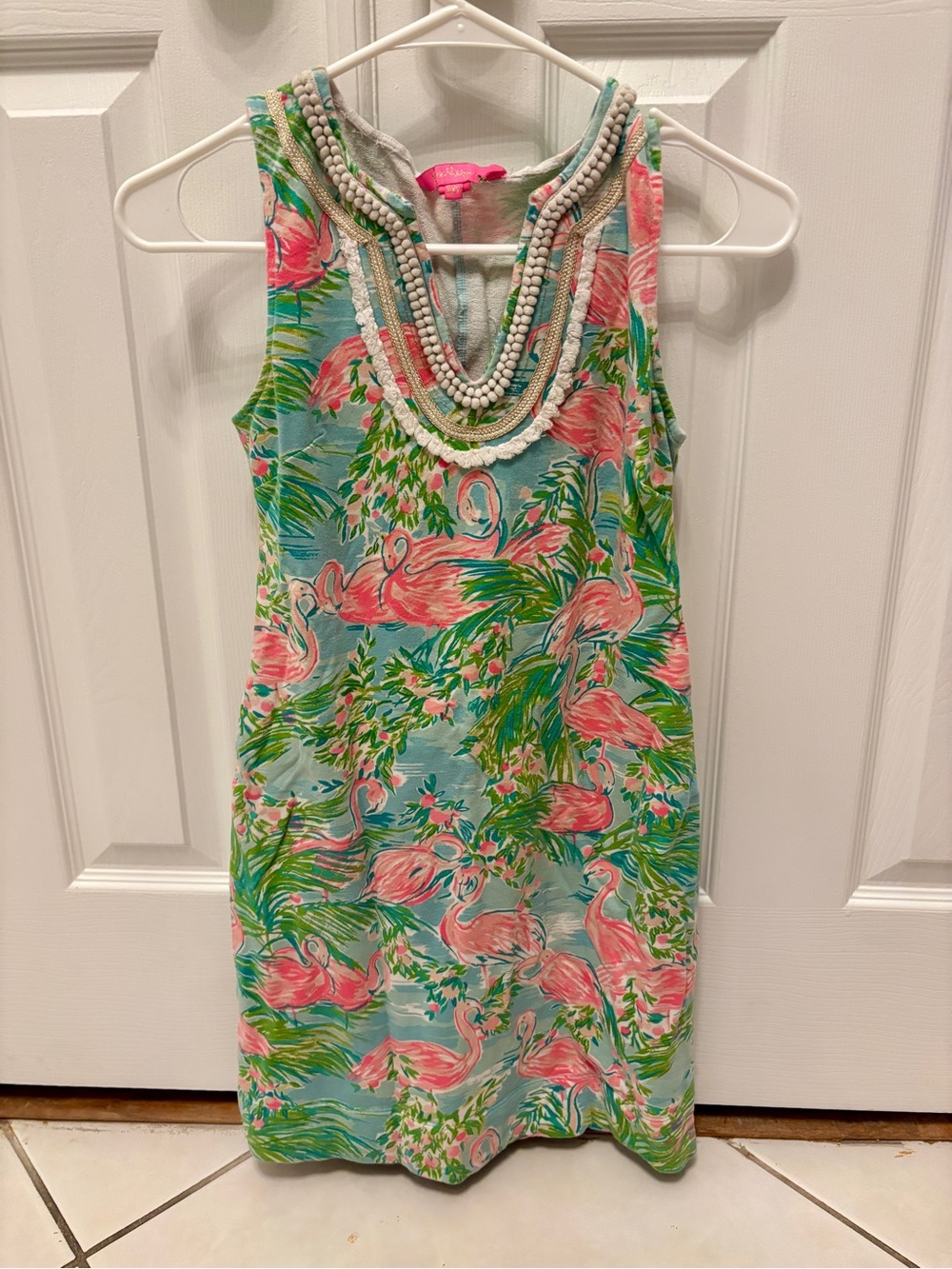 Lilly Pulitzer Beaded Flamingo Print Shift Dress in Aqua, Pink & Green